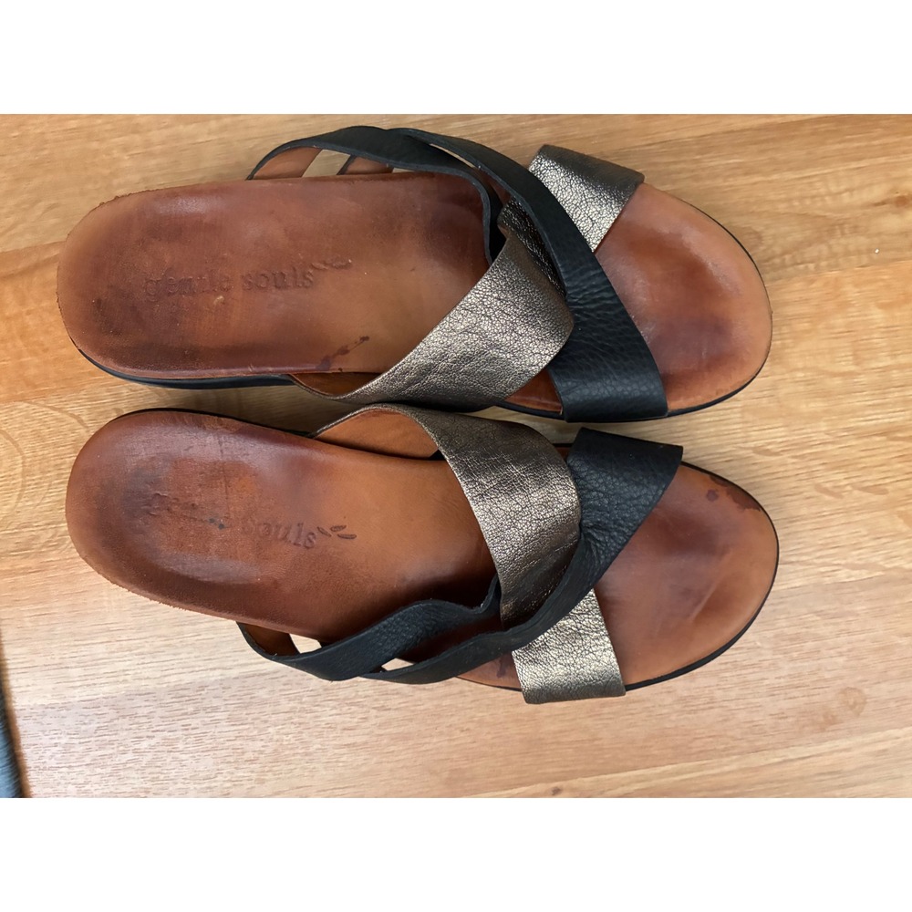 Gentle Souls Go‎ Close Black Bronze Leather Crisscross Slide Sandals Womens 9M